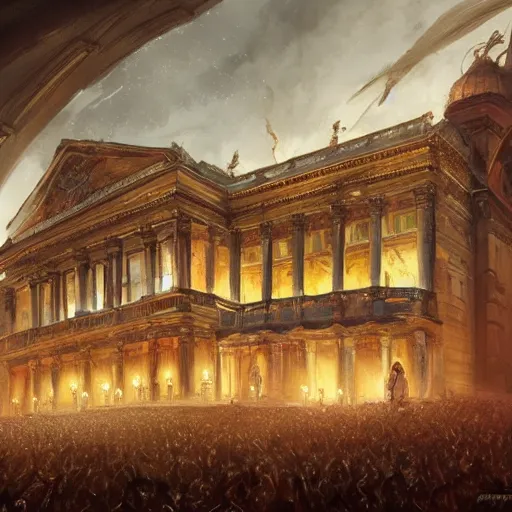 Image similar to the opera house at lviv in hell, inferno, panorama, highly detailed, full body, digital painting, trending on artstation, concept art, sharp focus, illustration, art by artgerm and greg rutkowski and magali villeneuve