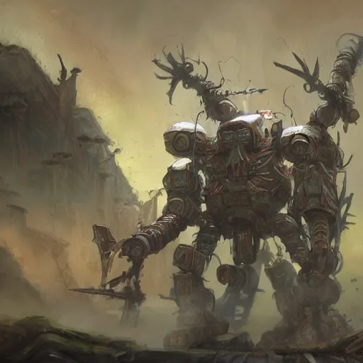 Image similar to portrait concept painting of a rampaging ashigaru mecha war construct, destroying a small village fantasy painting, dungeons and dragons, magic the gathering art, of bamboo, laquer and steel, steampunk - inspired by brian froud and greg rutkowski and jessica rossier