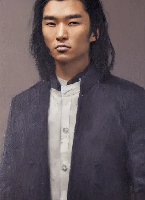 Prompt: a young asian man with tanned skin and long wavy black hair. he has an intense expression, is wearing a long blue military style coat and holding a spear. portrait painting by greg rutkowski and raymond swanland