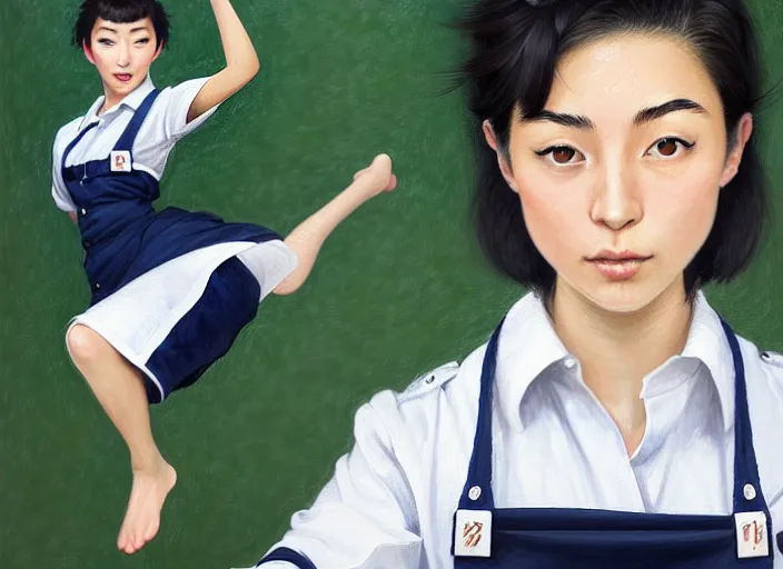 Prompt: portrait of an Italian Japanese Hapa young woman school with short hair wearing a navy and white sepuku uniform and jumping outside a green trashbin in Kalakaua avenue in Waikiki, intricate, elegant, highly detailed, centered, digital painting, artstation, concept art, smooth, sharp focus, illustration, by Peter Mohrbacher, WLOP