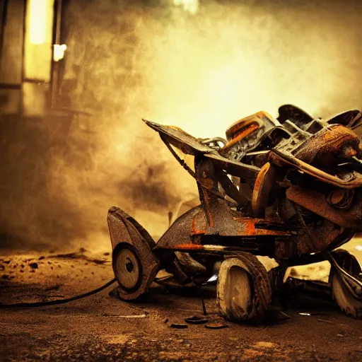 Image similar to wheelbarrow mecha, dark messy smoke - filled cluttered workshop, dark, dramatic lighting, orange tint, sparks, cinematic, highly detailed, sci - fi, futuristic, movie still