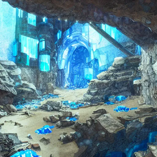 Prompt: concept art painting of inside a historic mine mineshaft cave with blue glass crystals, realistic, detailed, cel shaded, in the style of makoto shinkai and greg rutkowski and james gurney