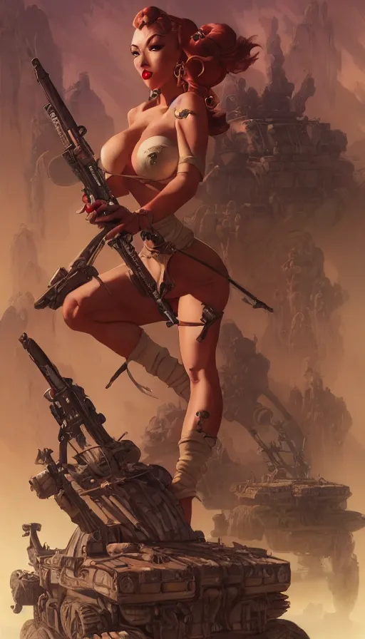 Image similar to rcadillacs and dinosaurs, game, pinup, weapons, dystopian, george miller, made by stanley artgerm lau, wlop, rossdraws, james jean, andrei riabovitchev, marc simonetti, yoshitaka amano, beksinski artstation, cgsociety