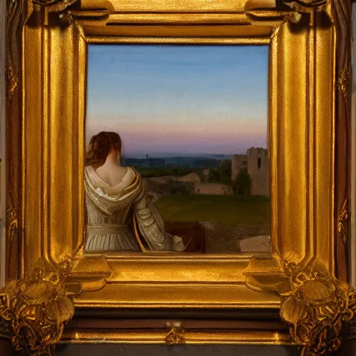 Image similar to very very very beautiful and detailed oil painting of the back of a medieval princess looking out of a castle window onto a sunlit landscape during dusk, 8k