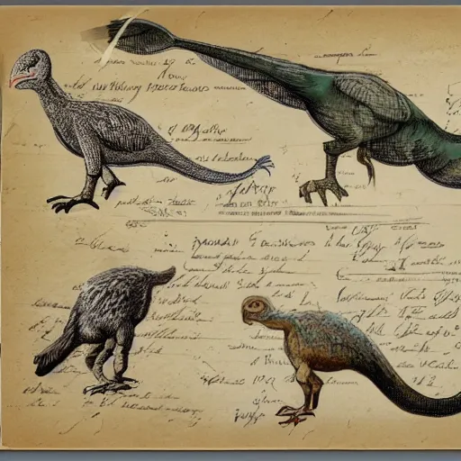 Prompt: vintage parchment with a sketch of a group of feathered dinosaurs with full descriptions, 8K, HD, highly detailed, high quality