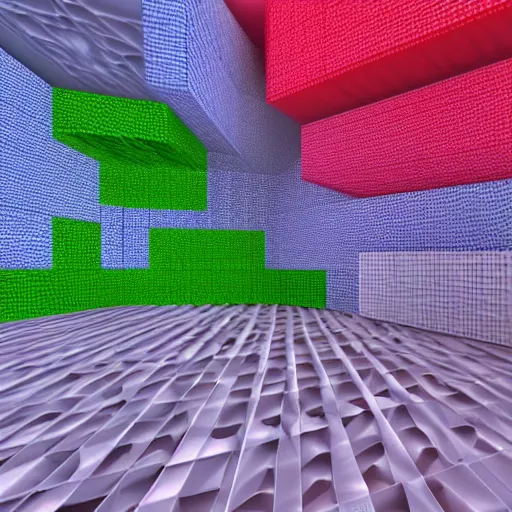 Prompt: simulated daylight, 3d raytraced render of a geometric landscape made entirely of non-textured cubes, subsurface scattering