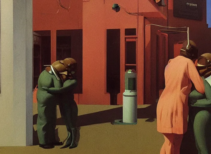 Image similar to spherical people kissing in gas masks at flooded gas station Edward Hopper and James Gilleard, Zdzislaw Beksinski highly detailed