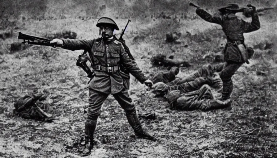 Image similar to french soldier dabbing during the battle of verdun ( 1 9 1 6 ), historical photograph, highly detailed, dab