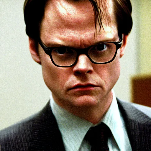 Prompt: dwight schrute as the american psycho, sweating profusely, cinematic still