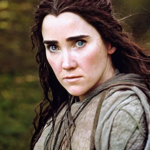 Image similar to first photos of 2 0 2 4 female lotr remake - jennifer connelly as samwise, ( eos 5 ds r, iso 1 0 0, f / 8, 1 / 1 2 5, 8 4 mm, postprocessed, crisp face, facial features )