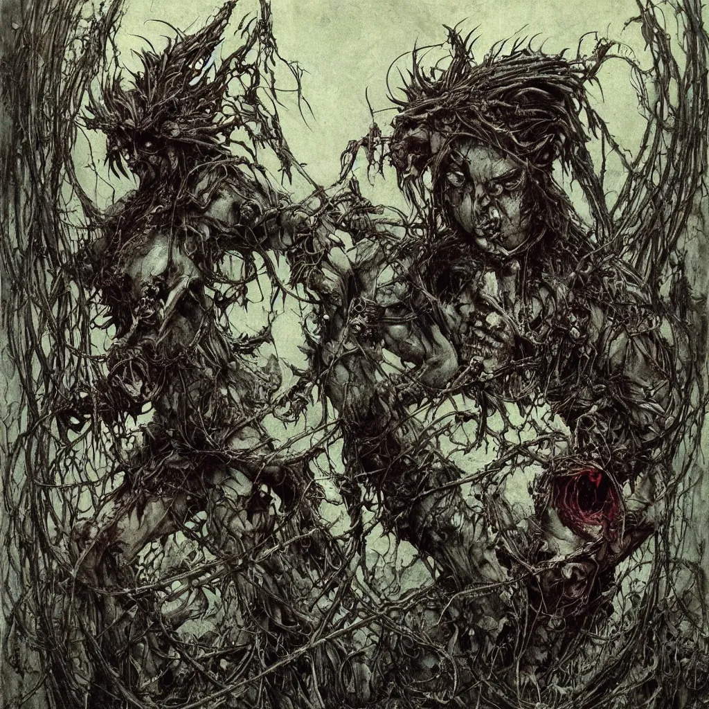 Image similar to A creepy armored horned fanged demon woman with blue scarred skin wrapped in barbed wire. Extremely high detail, realistic, fantasy art, solo, bones, textured, masterpiece, saturated colors, intricate ominous visionary concept art tangled, ripped flesh, art by Zdzisław Beksiński, Arthur Rackham, Dariusz Zawadzki