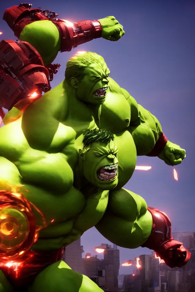 Image similar to The Hulk Buster Battles The X-Men, Action Shot, 8K, octane render, HDR, volumetric lighting, Anime Style