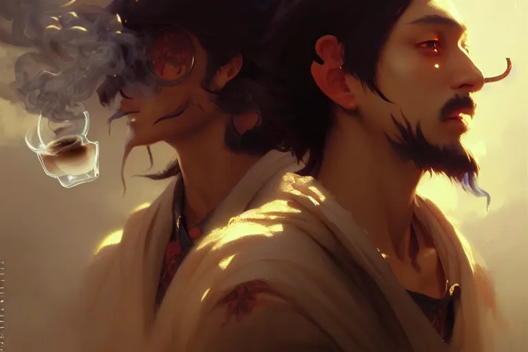 Prompt: mexican smoking weed and drinking coffee baroque oil painting finely detailed perfect face f anime shinkai takeuchi key visual of character concept art pixiv fanbox, painted by greg rutkowski