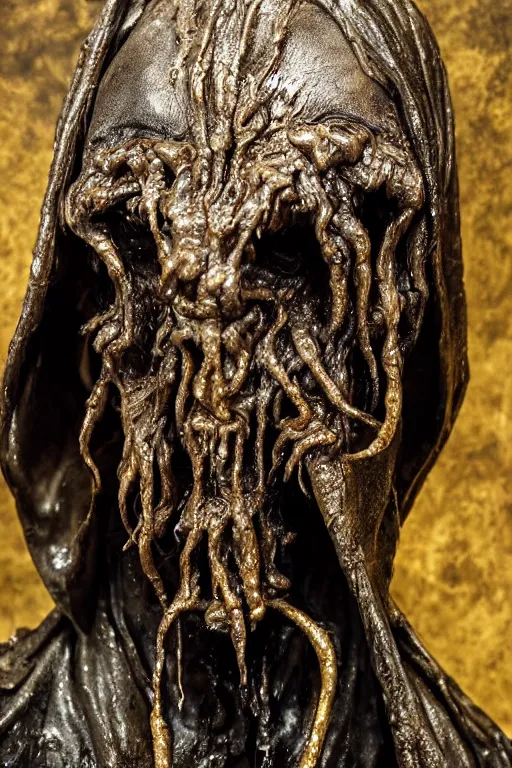 Image similar to photo taken of an epic intricate, ultra detailed, super realistic sculpture of a wet bloodied slimy nightmarish hellish demonic hooded grim reaper sculpture on display in a workshop, created by weta workshop, full body shots, photorealistic, sharp focus, f 0. 4, face centred, macro photography, golden ratio, golden hour