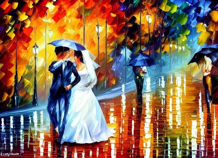 Image similar to A romantic wedding in the rain, painting by Leonid Afremov