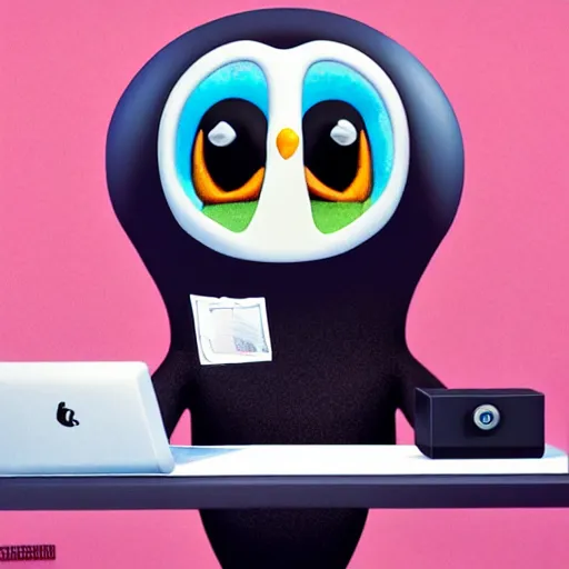 Image similar to pingu sitting behind a computer, 3 d render, painted by mark ryden, art, epic lighting