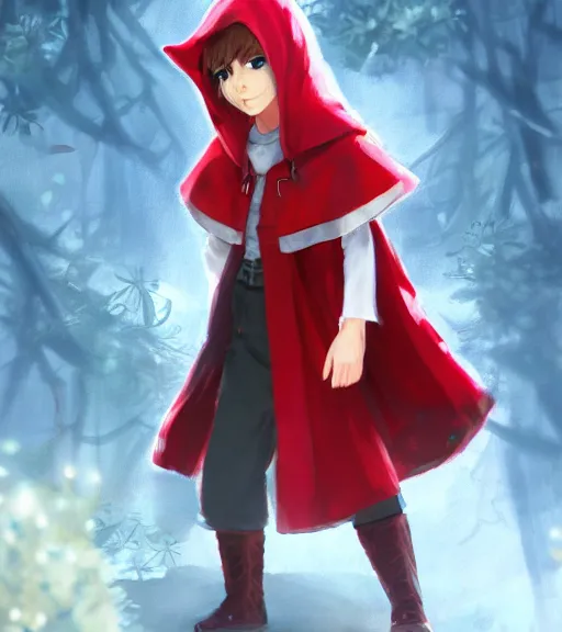 Prompt: attractive little boy character inspired in little red riding hood and kris from deltarune, digital artwork made by akihiko yoshida and makoto shinkai