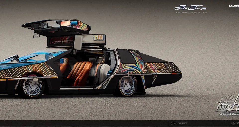 Image similar to Tricked out lowrider delorean, five spike mag wheels, holographic wrap, high detail, photorealism, full length view, very rust, concept art, octane render, 16k, 8k