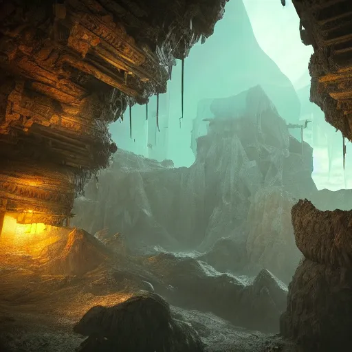 Image similar to inception lovecraft city carved from rock underground another inverted upside down above, artstation, cinematic warm volumetric lighting