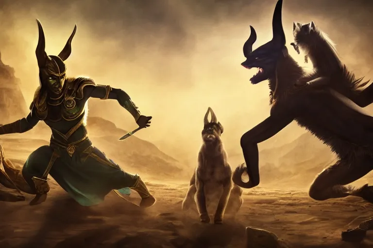 Prompt: battle to the death between anubis and loki, 4 k, hd, concept art