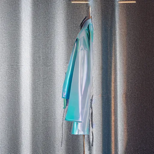 Image similar to an ultra high definition professional studio quality photograph of a transparent iridescent perspex pastel coloured raincoat on a white coat hook in an empty white room. dramatic lighting, ray tracing, refraction, shallow d. o. f, colour corrected, golden ratio, three point light. light rays.