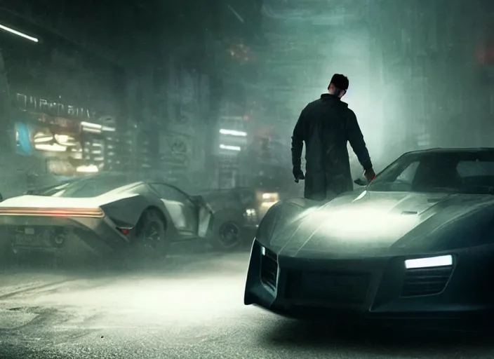 Image similar to Bladerunner 2049 scene man working on his sports car in small garage cluttered with tools parts dark atmospheric volumetric lighting grungy moody dark cinematic Roger Deakins Cinematography futuristic cyberpunk car R35 NSX R8 S14 Evo X Z06 ikuo maeda Newton Thomas Sigel bladerunner 2049 screen cap still