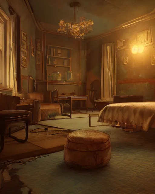 Image similar to artstation scifi scene of a shabby american room in 1 9 2 0 s, lounge furniture, large terrarium, beds, paneled walls, unreal engine 5, hyper realism, realistic shading, cinematic composition, blender render, octane render, hdr, detailed textures, photorealistic, wide shot