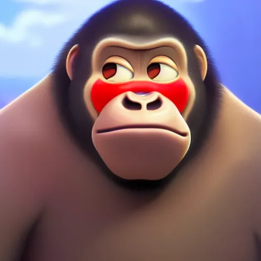 Image similar to a wholesome animation key shot of a gorilla holding a very small red mushroom, chilled out smirk on face, studio ghibli, pixar and disney animation, sharp, rendered in unreal engine 5, anime key art by greg rutkowski, bloom, dramatic lighting