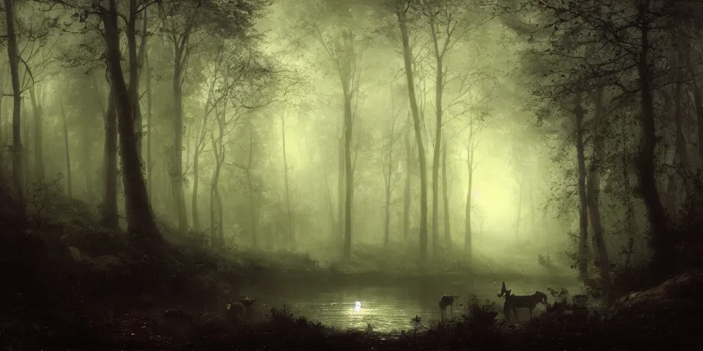 Prompt: [ a dark scene of a dense forest at night with a gentle stream through it, moonlight through trees, volumetric light and mist, fog, deer drinking from the stream ], andreas achenbach, artgerm, mikko lagerstedt, zack snyder, tokujin yoshioka