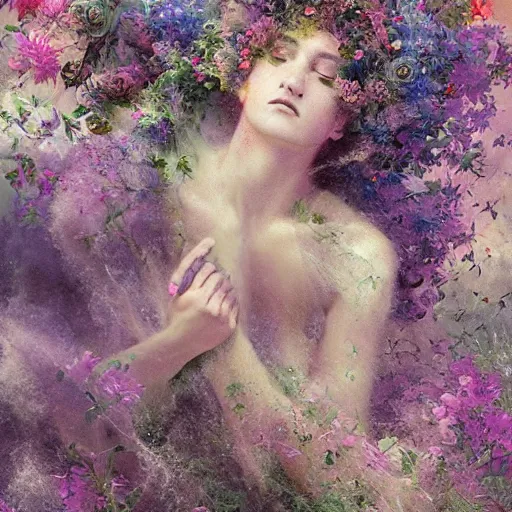 Image similar to This experimental art is a large canvas, covered in a wash of color. In the center is a cluster of flowers, their petals curling and twisting in on themselves. The effect is ethereal and dreamlike, and the overall effect is one of serenity and peace. comic book art by Thomas Benjamin Kennington peaceful