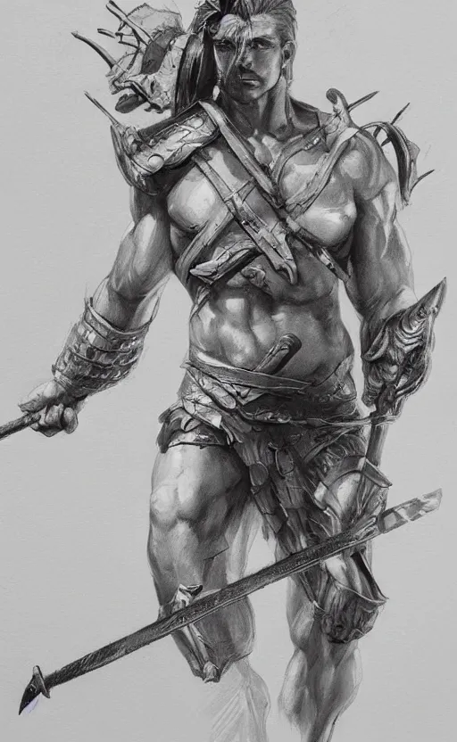 Image similar to highly detailed painting of achilles holding a spear, a pencil sketch by jesper ejsing, trending on artstation, high fantasy, loose pencil sketch, sketchy, concept art, cinematic, white space