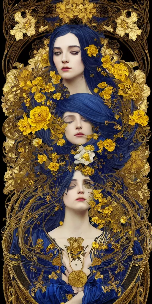 Image similar to black blue yellow, complicated gold and blue flowers the baroque style decoration, dark fantasy, intricate, elegant, highly detailed, digital painting, artstation, concept art, matte, 3 d 8 k octane rendered, sharp focus, illustration, octane rendered, art by artgerm and alphonse mucha, leesha hannigan