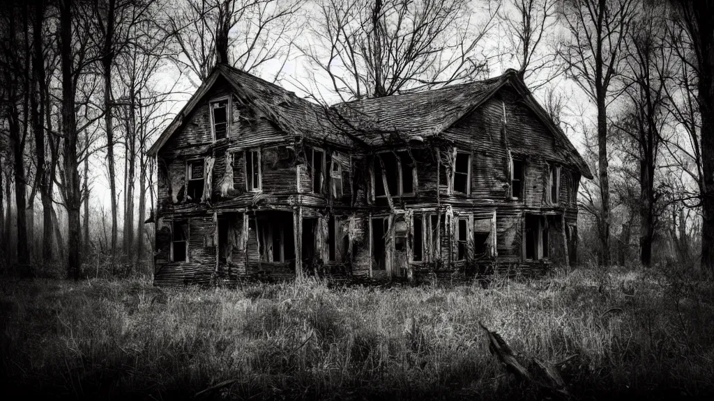Image similar to old abandoned house in the forest, dark, spooky, dreamlike, in the style of 1 3 ghosts movie, low light, hyperrealistic, coherent composition