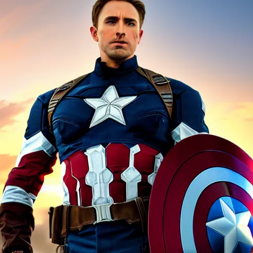 Image similar to A realistic photo of Captain america, with his shield covering his groin, hyper-realistic, 8K HDR, sunset