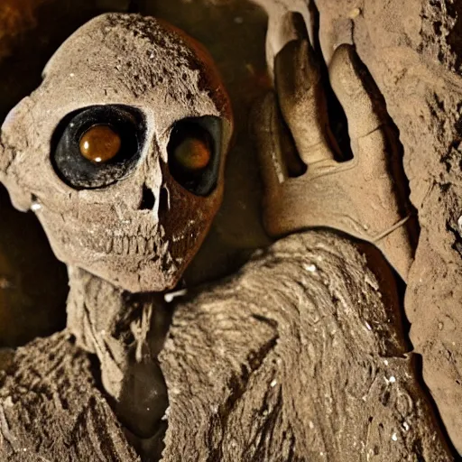 Prompt: humanoid made of translucent brown sludge full of animal bones, it has glowing yellow eyes, found in a cave made of clay, found footage, unsettling, flash photography,