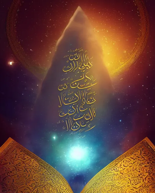 Image similar to the quran descending from the galaxy into clouds highly detailed, gold filigree, romantic storybook fantasy, soft cinematic lighting, award, pastel color palette, featured on artstation, digital art