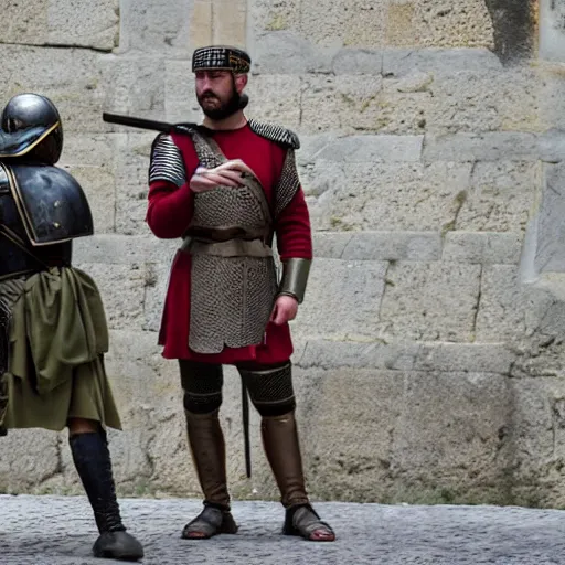 Prompt: photo of a Roman soldier checking his smartphone