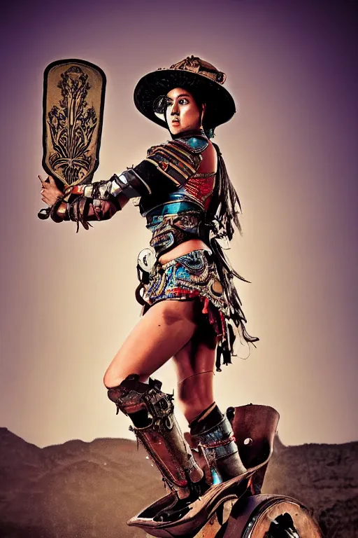 Image similar to old vintage full body photo of ancient Mexican warrior female on the complex big steam punk airboard with antigravity engine, extreme sports photography , dynamic photography,symmetrical face, beautiful female face, slim body, high speed,dirt and grawel flying in the spot, lens flares, dust in the air, dramatic lighting, intricate, highly detailed, centered, smooth, sharp focus, sports photography, old photo, black and white, sepia, cinematic lighting, cinematic angle, national geographic