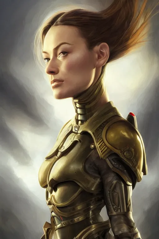 Image similar to a professional painting of a young Olivia Wilde, clothes in military armor, olive skin, long dark hair, beautiful bone structure, symmetrical facial features, intricate, elegant, digital painting, concept art, smooth, sharp focus, illustration, from StarCraft by Ruan Jia and Mandy Jurgens and Artgerm and William-Adolphe Bouguerea