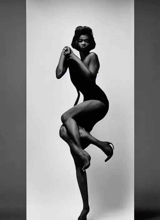 Image similar to half - length portrait of cute model black dressed, fine art portrait photography by richard avedon