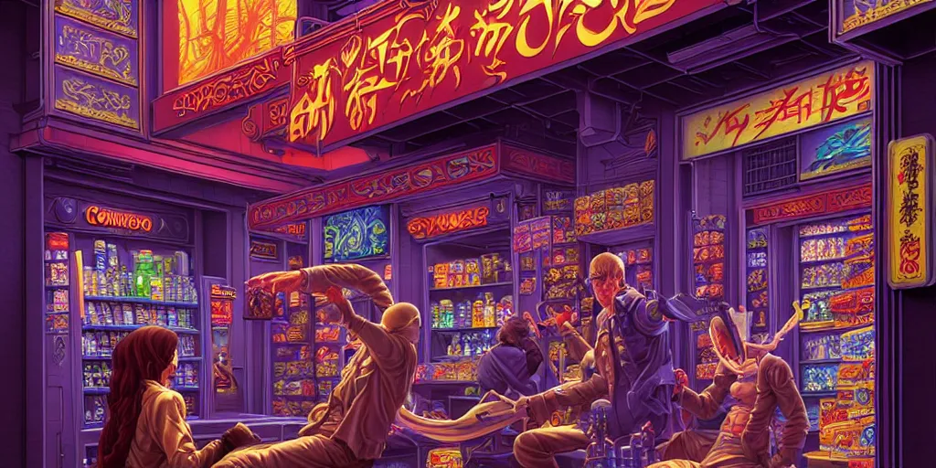 Prompt: fantasycore, eldritch, psychic, masterpiece, 8k resolution, scrollwork, magic conduits, zBrush, cel-shaded, 2099 neo-tokyo, convenience store, art by greg hildebrandt, composition by hyperrealistic