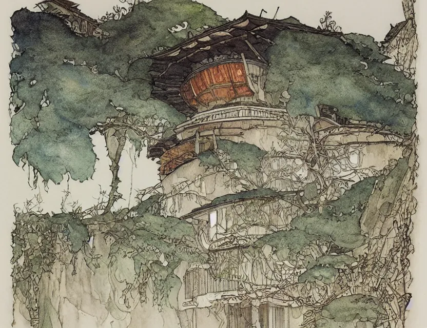 Prompt: a detailed, intricate watercolor and ink illustration with fine lines of the view from the river of a building with a roof like a japanese umbrella by frank lloyd wright, by arthur rackham and edmund dulac and lisbeth zwerger