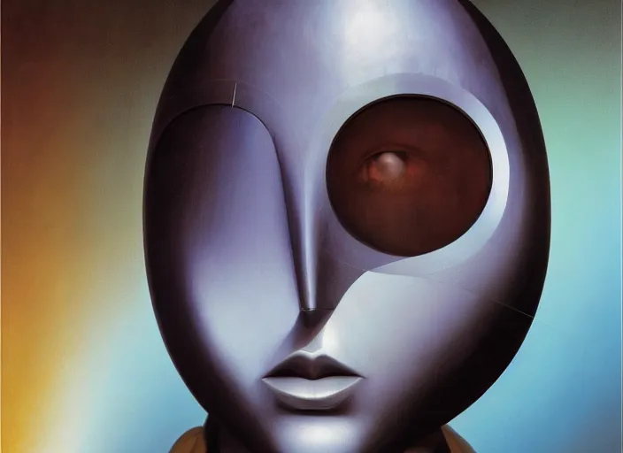 Image similar to asymmetrical portrait headshot of sci fi metallic human, bright eyes, melancholic complex geometric figure liminal biomechanics by oskar schlemmer, moebius, john berkey, film grain, oil on canvas, portrait facial head, featured on artstation, hd wallpaper, 8 k, bright colors, global radiant light