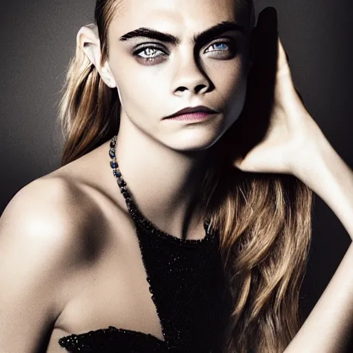 Image similar to portrait of beautiful cara delevingne by mario testino, headshot, detailed, award winning, sony a 7 r