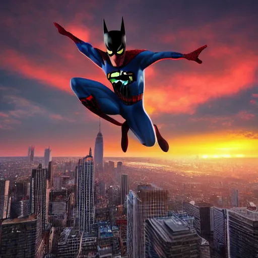 Prompt: A realistic photo with a mixture of spiderman and batman, hyper-realistic, 8K HDR, sunset.