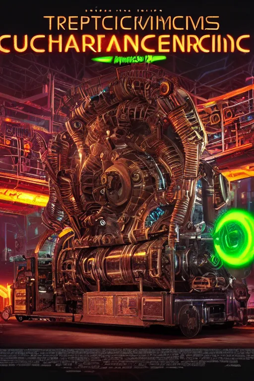 Image similar to a movie poster, write the text tripmachine, photo of a huge futuristic steampunk generator inside a steampunk machinery, 8 k, fluorescent colors, halluzinogenic, multicolored, exaggerated detailed, 3 d render, octane