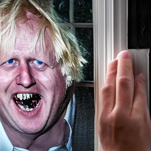 Prompt: a photo taken from the inside of an old house, showing window blinds being pulled back to reveal a terrifying boris johnson with his unhinged face pressed against the window and his bloody hands placed on the window, horrifying grin. horror, raining, night time, zoomed out