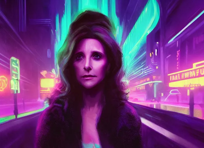 Image similar to beautiful Julia Louis-Dreyfus, blade runner 2049, long flowing hair, trending on artstation, unreal engine, purple neon, green rain, matte painting