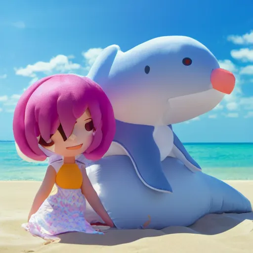 Image similar to cute fumo plush of a girl on the beach with a large inflatable dolphin, lens flare, vray