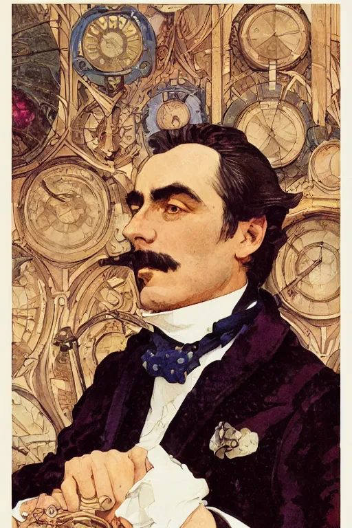 Prompt: zoomed out portrait of a duke, victorian era, art deco style, stylized illustration by moebius and jean - baptiste monge, watercolor gouache detailed paintings in style of syd mead, metabaron, mucha, daumier, caricature, diesel punk, artstation